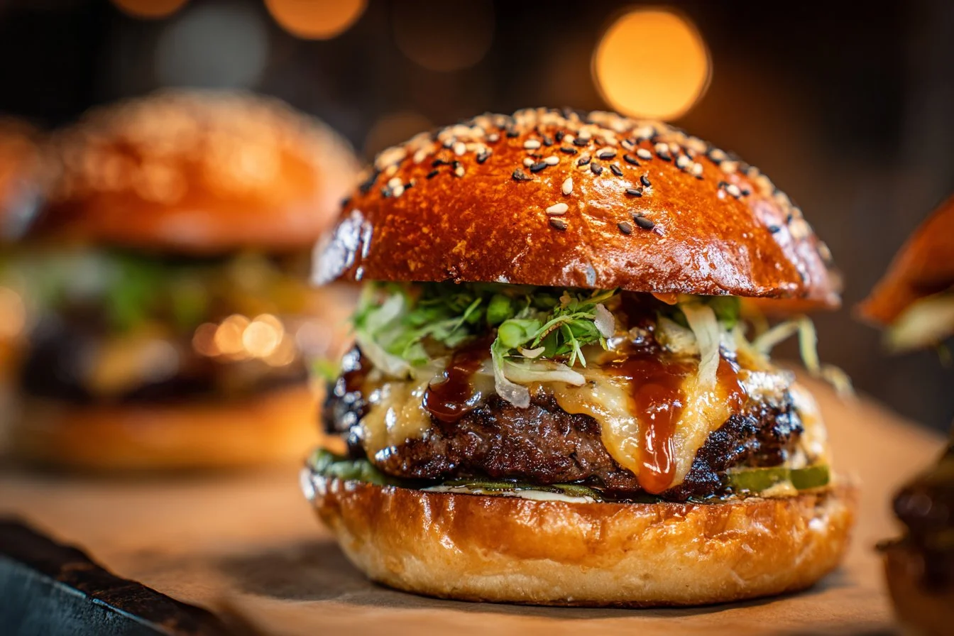 Delicious homemade smash burger with secret sauce on a wooden surface
