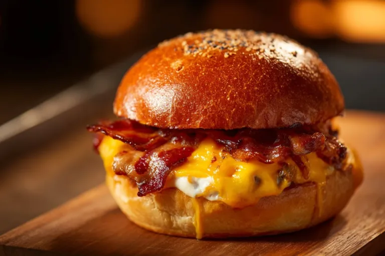 Delicious Smash Burger topped with Baconnaise on a wooden table