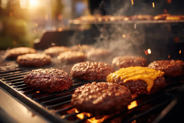 Delicious homemade smash burgers with toppings on a grill.