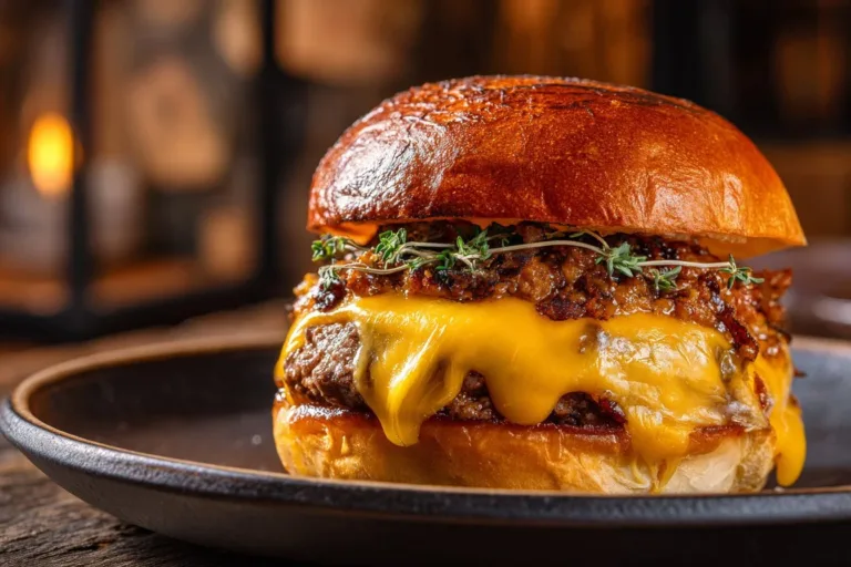 Delicious smash burgers with house sauce and toppings on a wooden table.