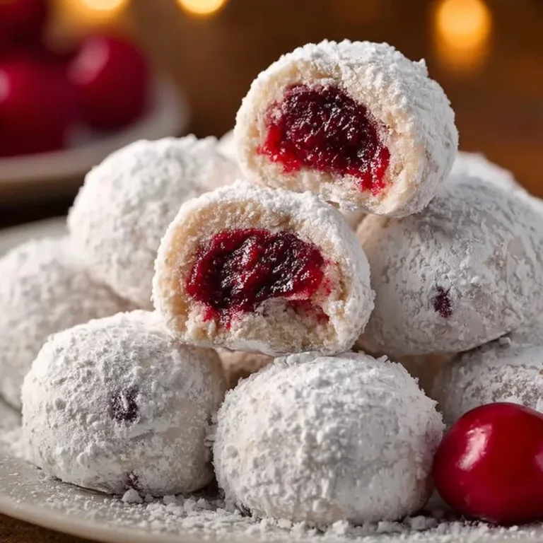 Plated soft Cherry Snowball Cookies dusted with powdered sugar