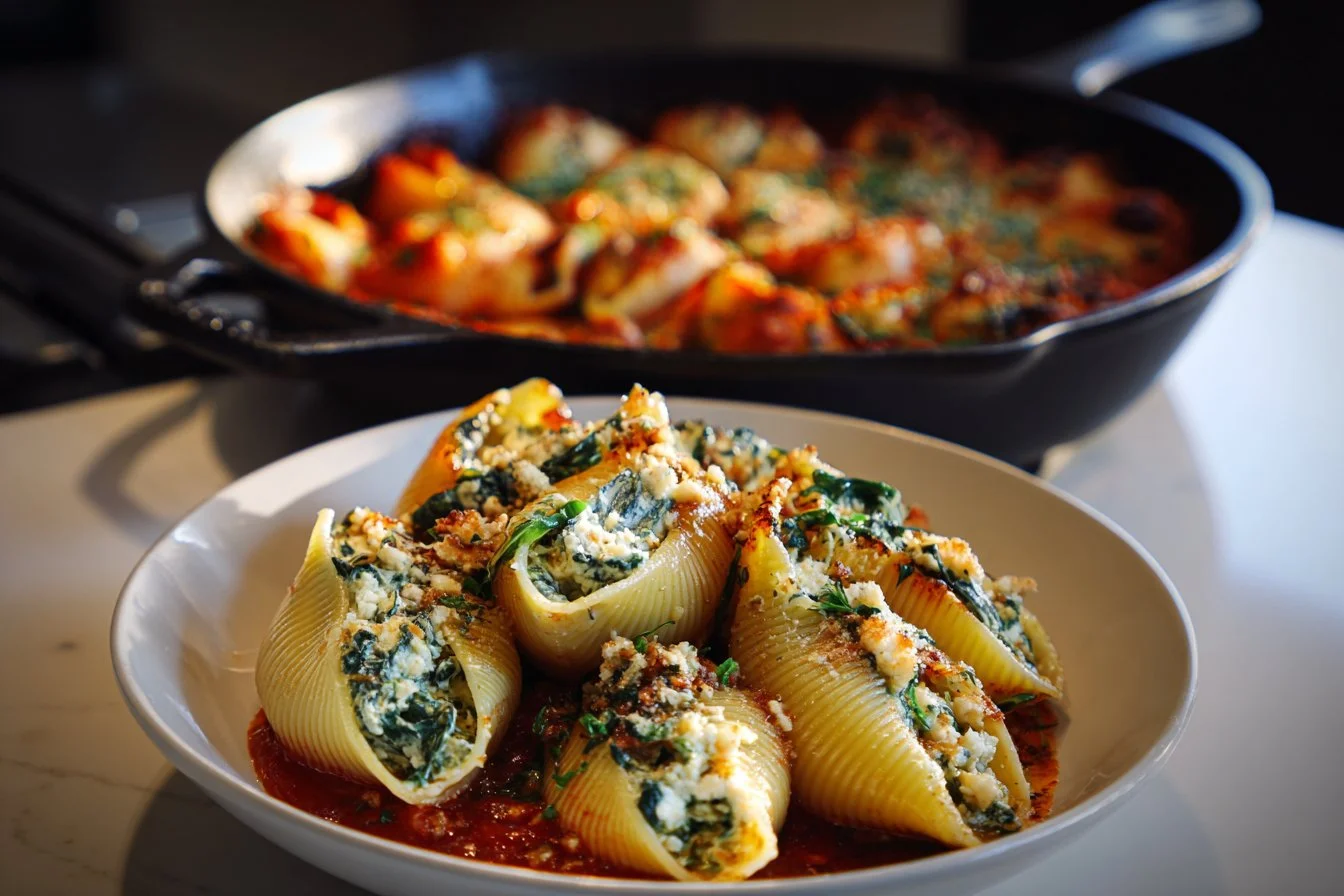Spinach and ricotta stuffed shells topped with marinara sauce and cheese