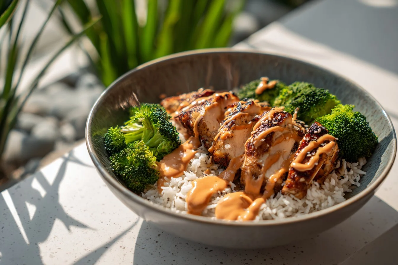 Delicious sticky chicken rice bowls topped with herbs and spices
