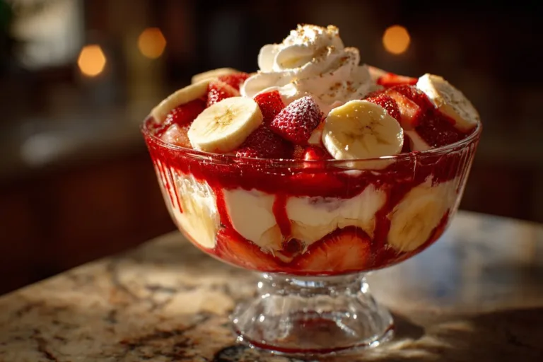 Delicious strawberry banana pudding topped with fresh strawberries and bananas