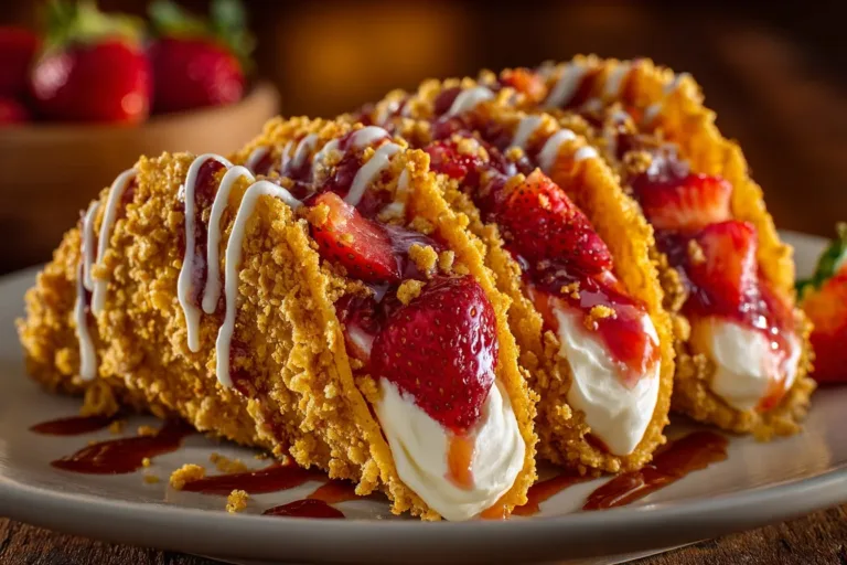 Delicious strawberry crunch cheesecake tacos with creamy filling and crunchy topping.