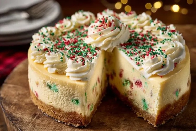 Delicious slice of Sugar Cookie Cheesecake topped with colorful sprinkles