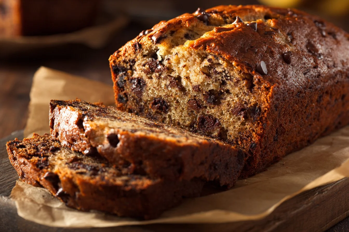 Slice of super moist chocolate chip banana bread with chocolate chips on top