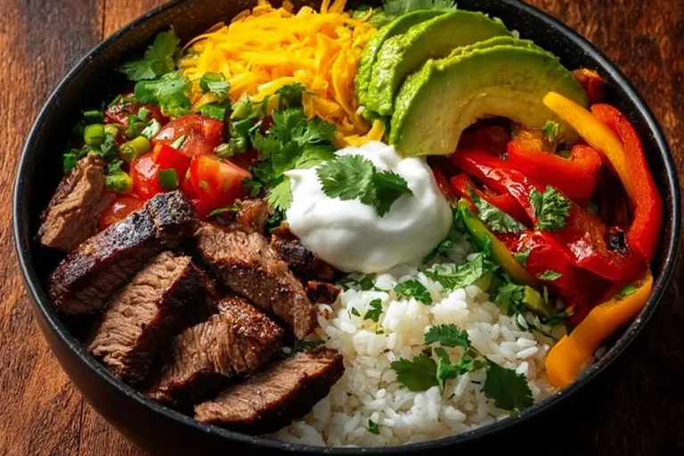 High protein steak fajita bowl with vegetables and spices