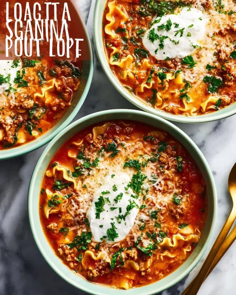 Delicious bowl of homemade lasagna soup with cheese and herbs