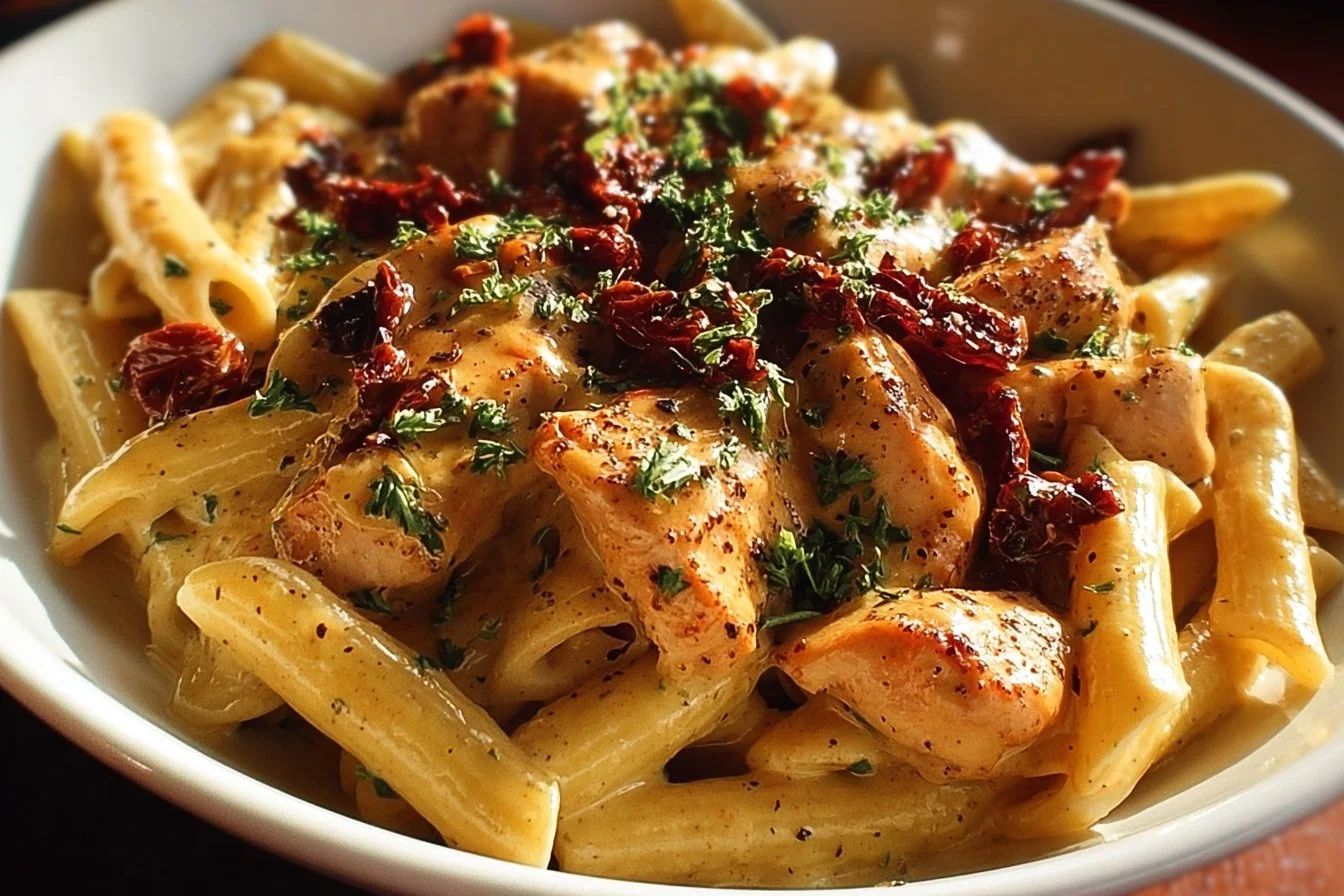 Delicious Marry Me Chicken Pasta served with fresh herbs and Parmesan cheese.