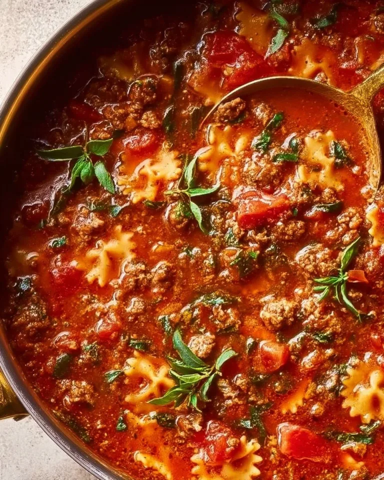 Delicious bowl of easy lasagna soup topped with cheese and fresh herbs