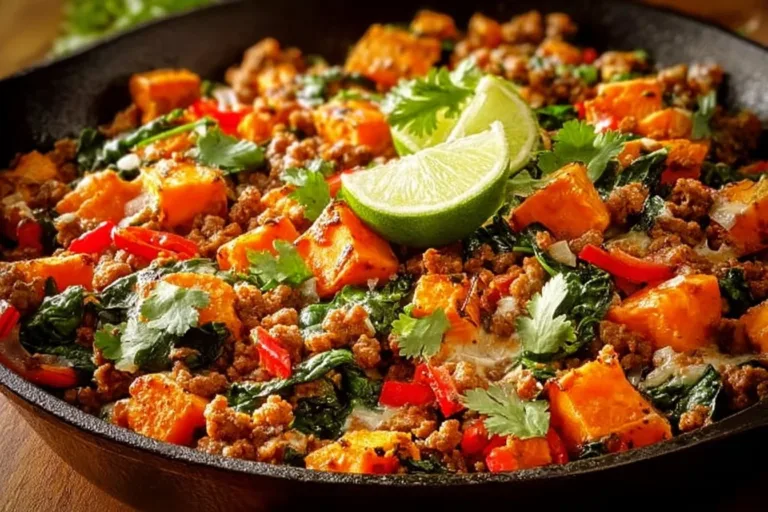 Turkey Sweet Potato Skillet with colorful vegetables in a pan