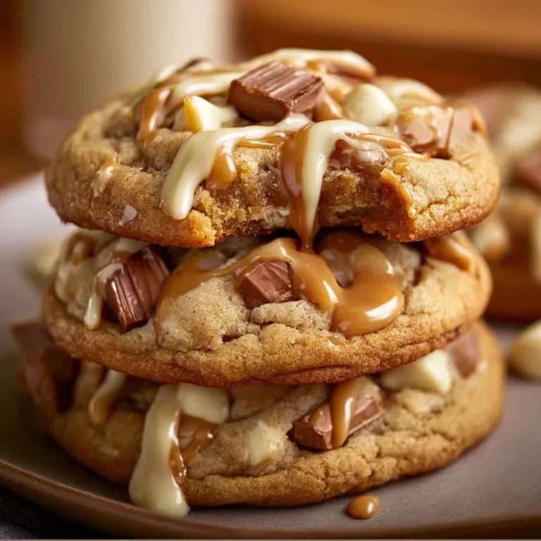 White chocolate caramel chunk cookies baked with chocolate cookies.