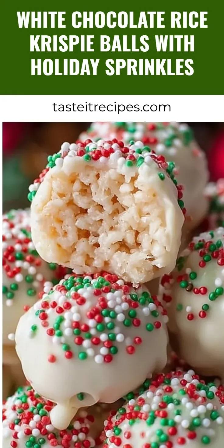 White Chocolate Rice Krispie Balls decorated with colorful holiday sprinkles