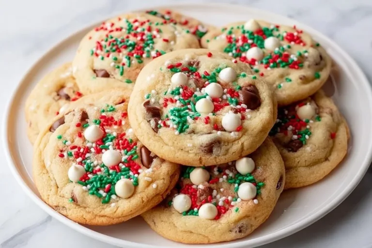 Winter Wonderland Chocolate Chip Cookies with melted chocolate chips and snowflake sprinkles.
