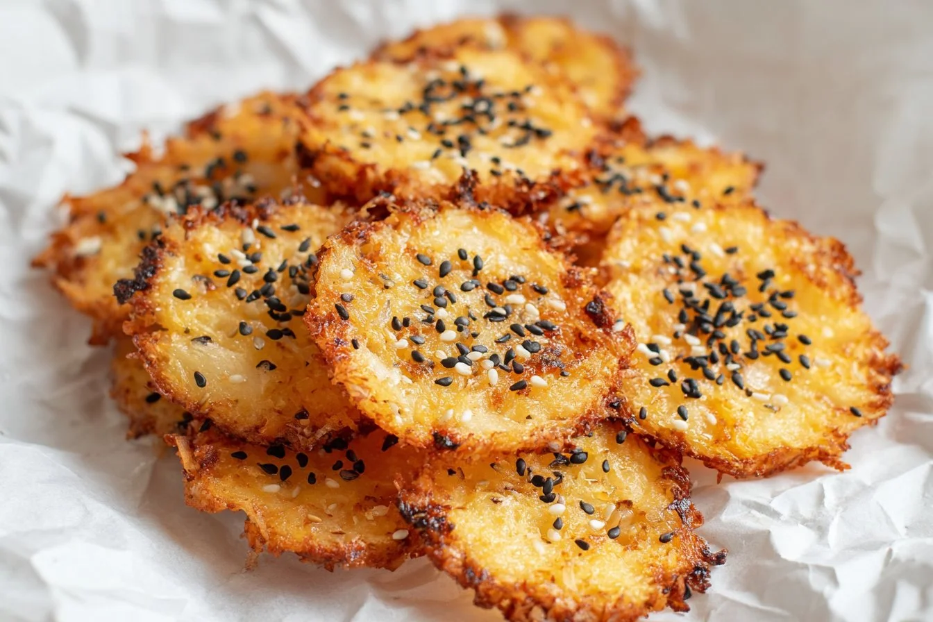 Homemade cottage cheese chips made from a single ingredient, served on a plate.