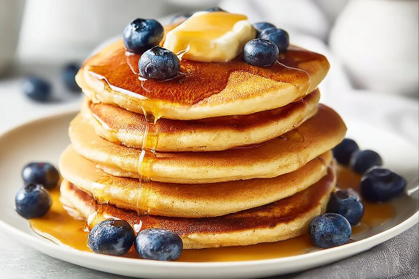 Fluffy cottage cheese pancakes served with syrup and fresh fruit