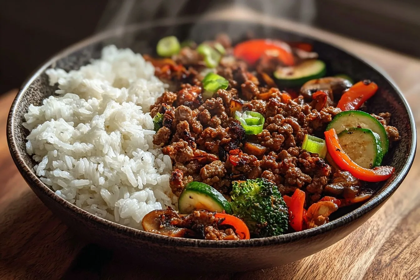 Spicy Ground Beef Stir-Fry Bowl with Garlic Veggies & Steamy Rice