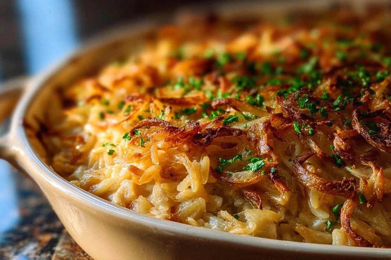French Onion Chicken Orzo Casserole