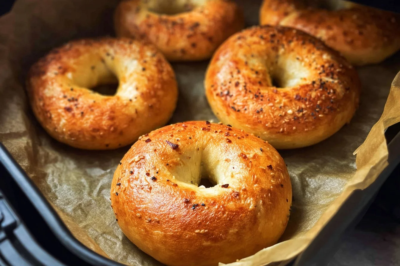 Air fryer protein bagels ready to eat, topped with seeds and served on a plate.
