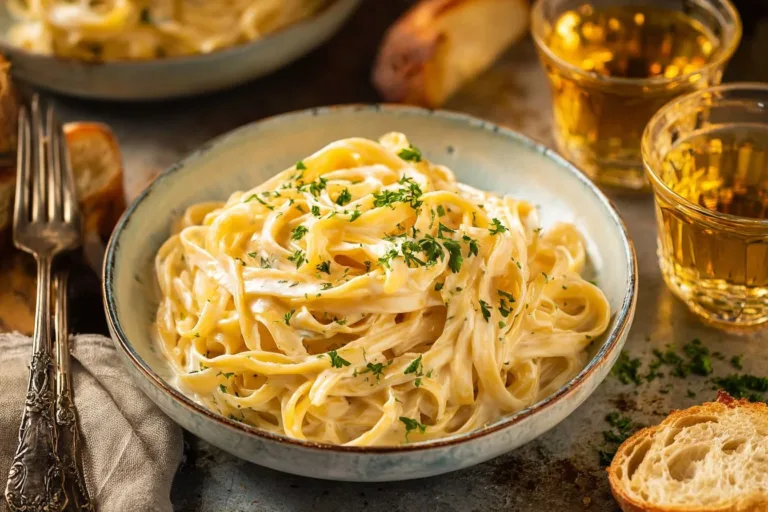 Bowl of creamy Alfredo sauce made with cottage cheese served with pasta