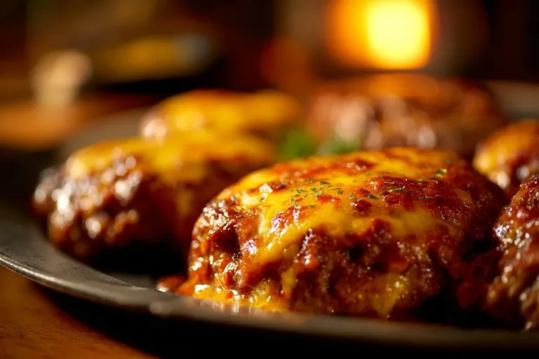 Amish Hamburger Steak Bake topped with savory sauce and served on a plate.