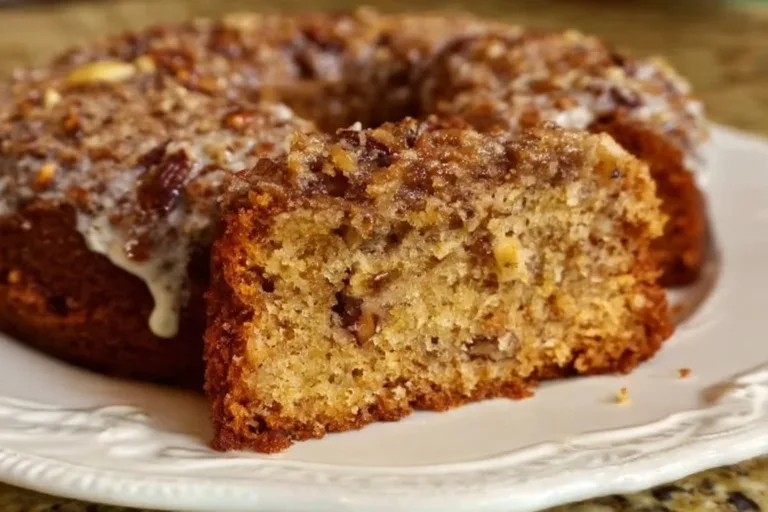 Slice of homemade Apple Pecan Coconut Cake with apples, pecans, and coconut