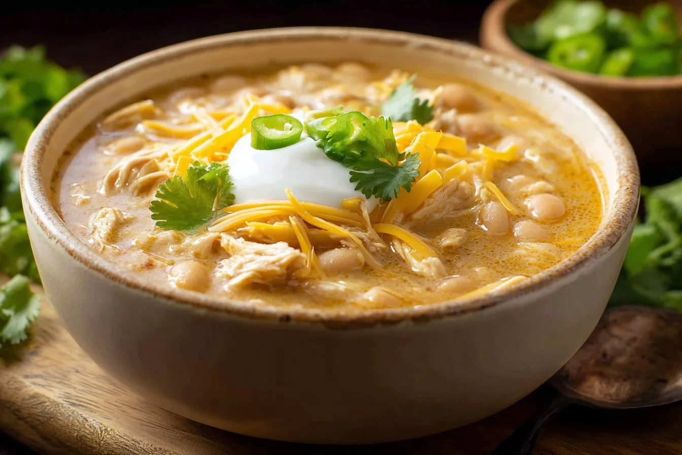 Bowl of award-winning white chicken chili garnished with cilantro and lime