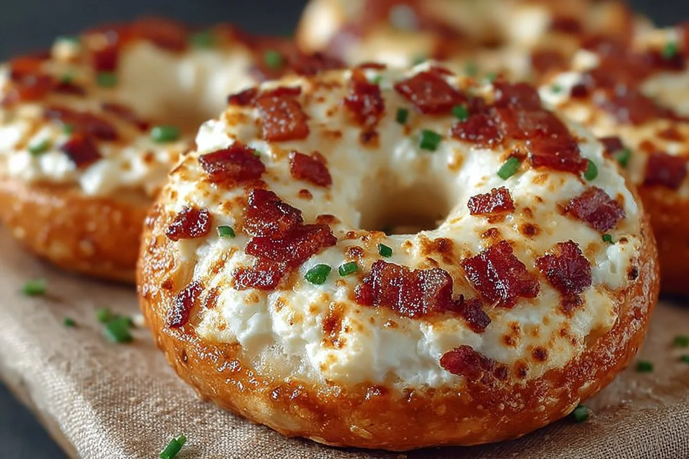 Bacon Cream Cheese Bagels topped with crispy bacon and creamy cheese spread