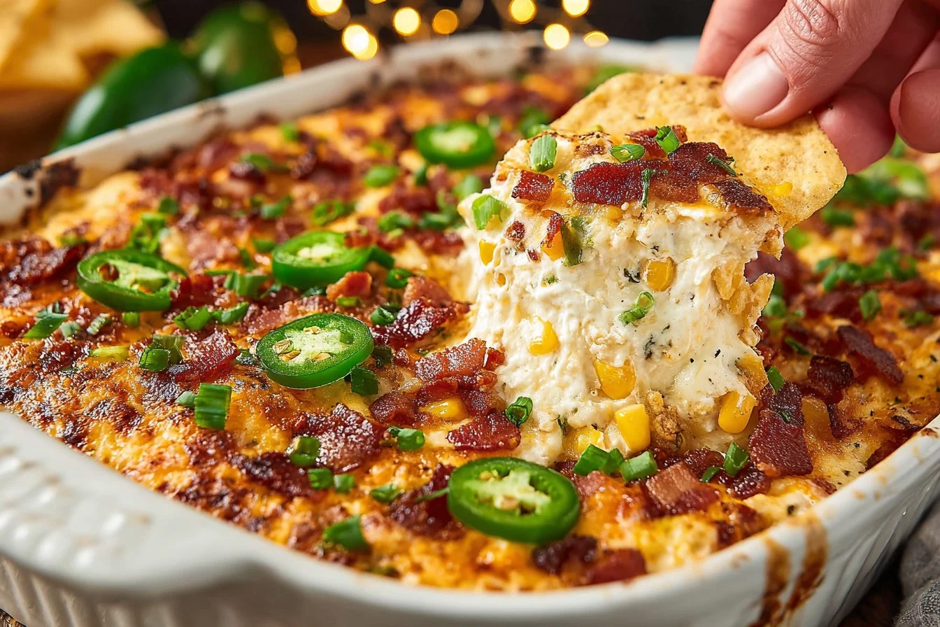 Baked crack corn dip in a serving dish, garnished with herbs.
