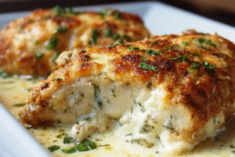 A creamy baked cream cheese chicken dish garnished with herbs