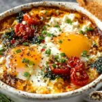 Baked feta eggs served in a rustic dish, garnished with herbs.