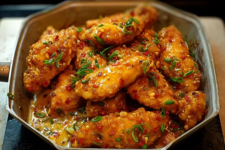 Plate of Bang Bang Chicken garnished with herbs and served with dipping sauce.