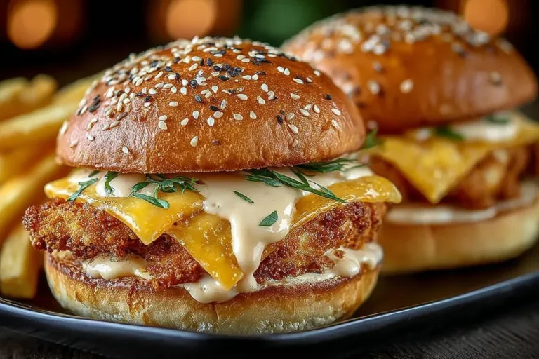 Plate of Bang Bang Chicken Sliders garnished with herbs and spicy sauce