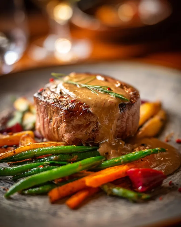 Beef tenderloin with pepper cream sauce on a plate garnished with herbs.