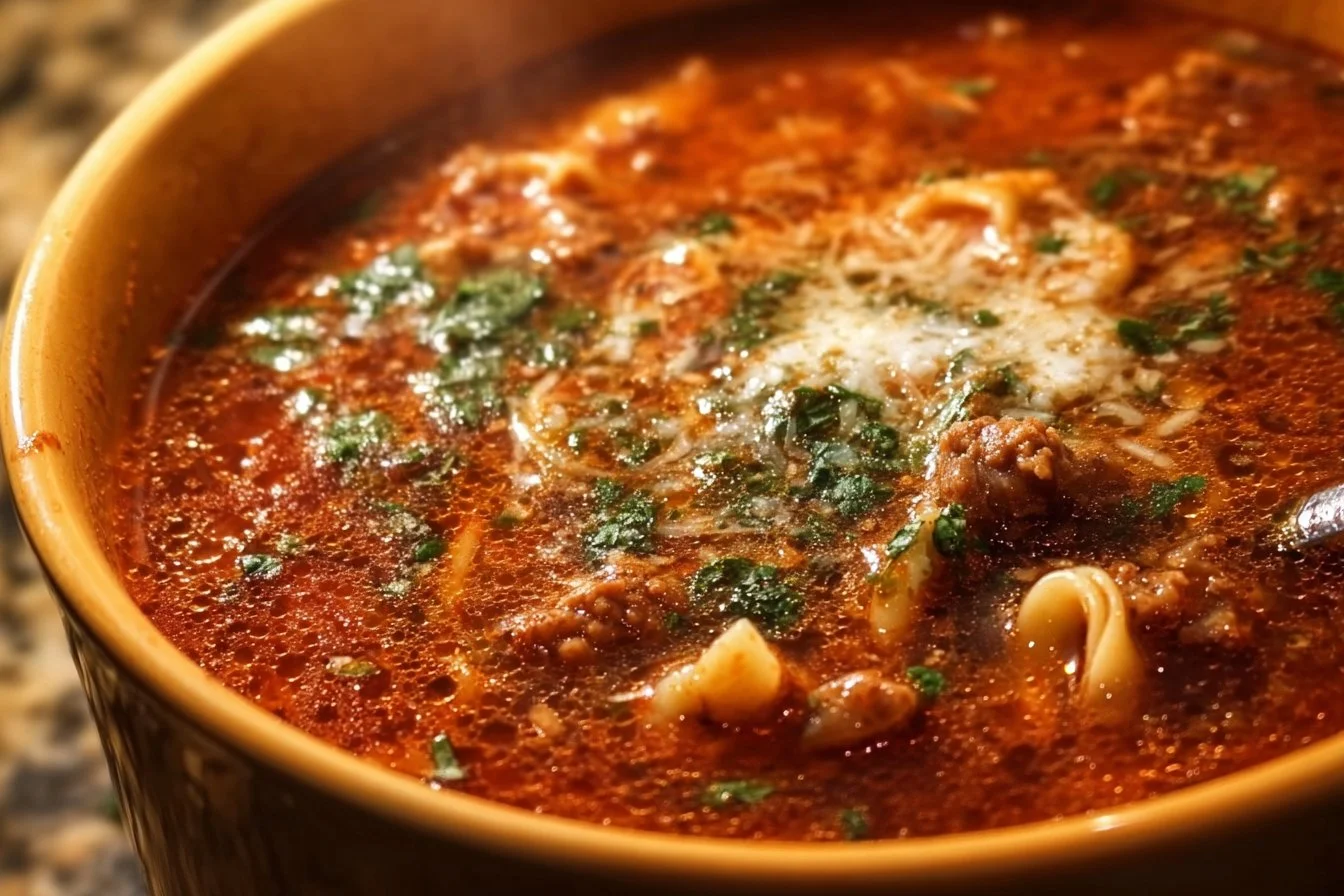 Delicious one-pot lasagna soup served in a bowl with ingredients visible.
