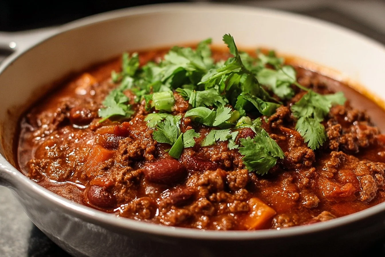 Delicious bowl of ground beef chili topped with cheese and herbs
