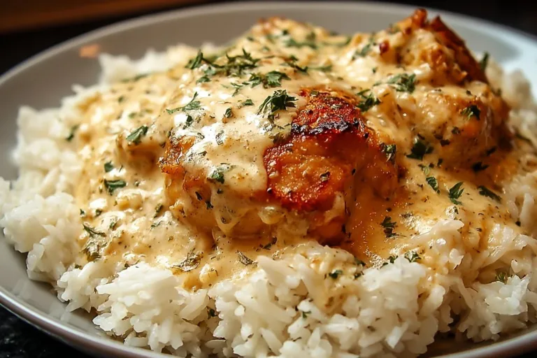 Delicious plate of smothered chicken served with rice