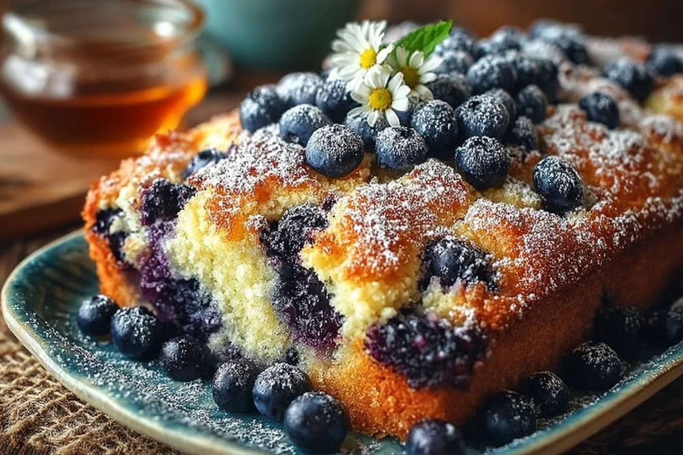 Freshly baked blueberry breakfast cake served on a plate