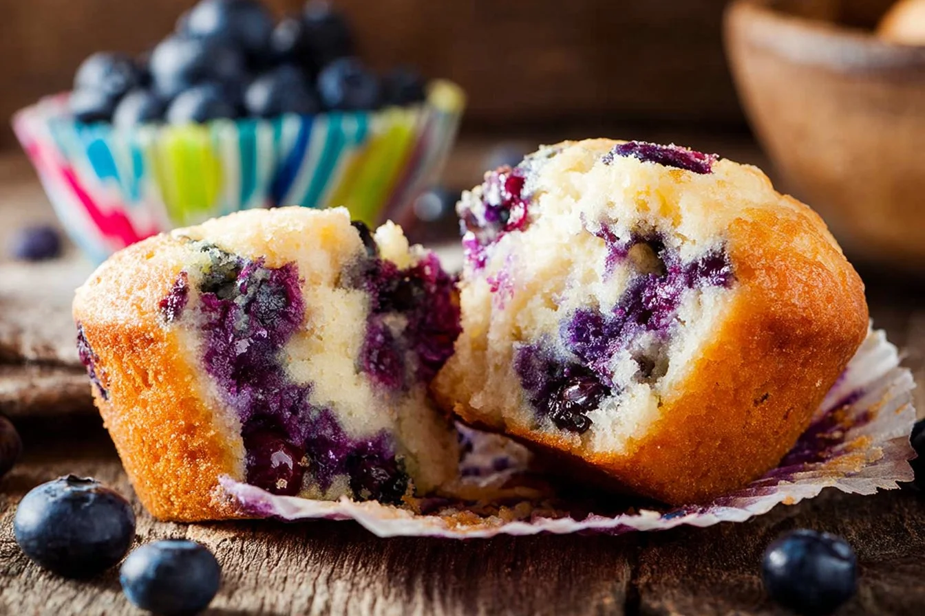 Delicious blueberry cottage cheese muffins fresh out of the oven