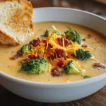 Bowl of rich and creamy Broccoli Cheddar Soup garnished with cheddar cheese and broccoli.