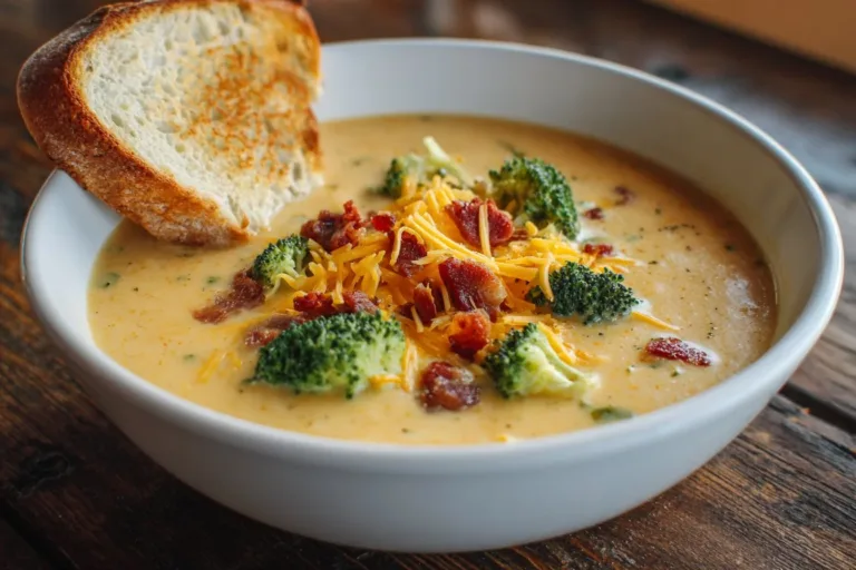 Bowl of rich and creamy Broccoli Cheddar Soup garnished with cheddar cheese and broccoli.