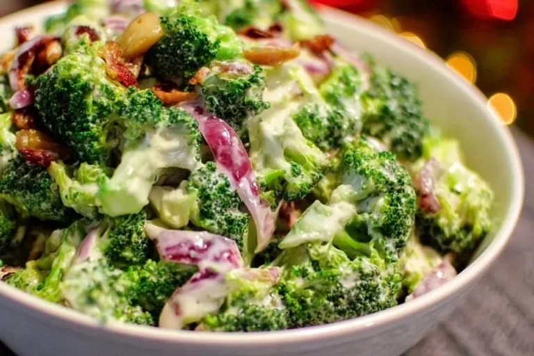 Fresh and colorful broccoli salad with vegetables and dressing
