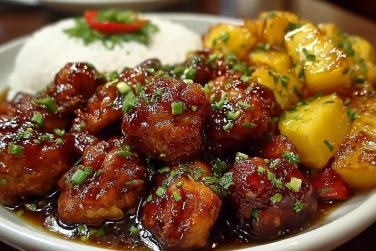 Delicious Brown Sugar Pineapple Chicken served on a plate with garnishes