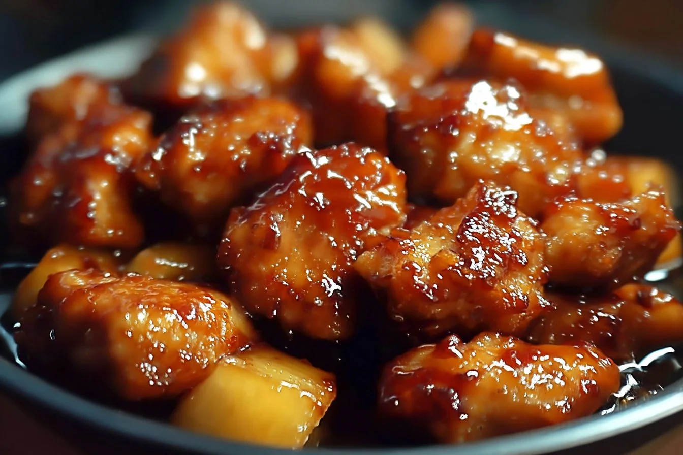 Delicious Brown Sugar Pineapple Chicken served with rice and garnished.