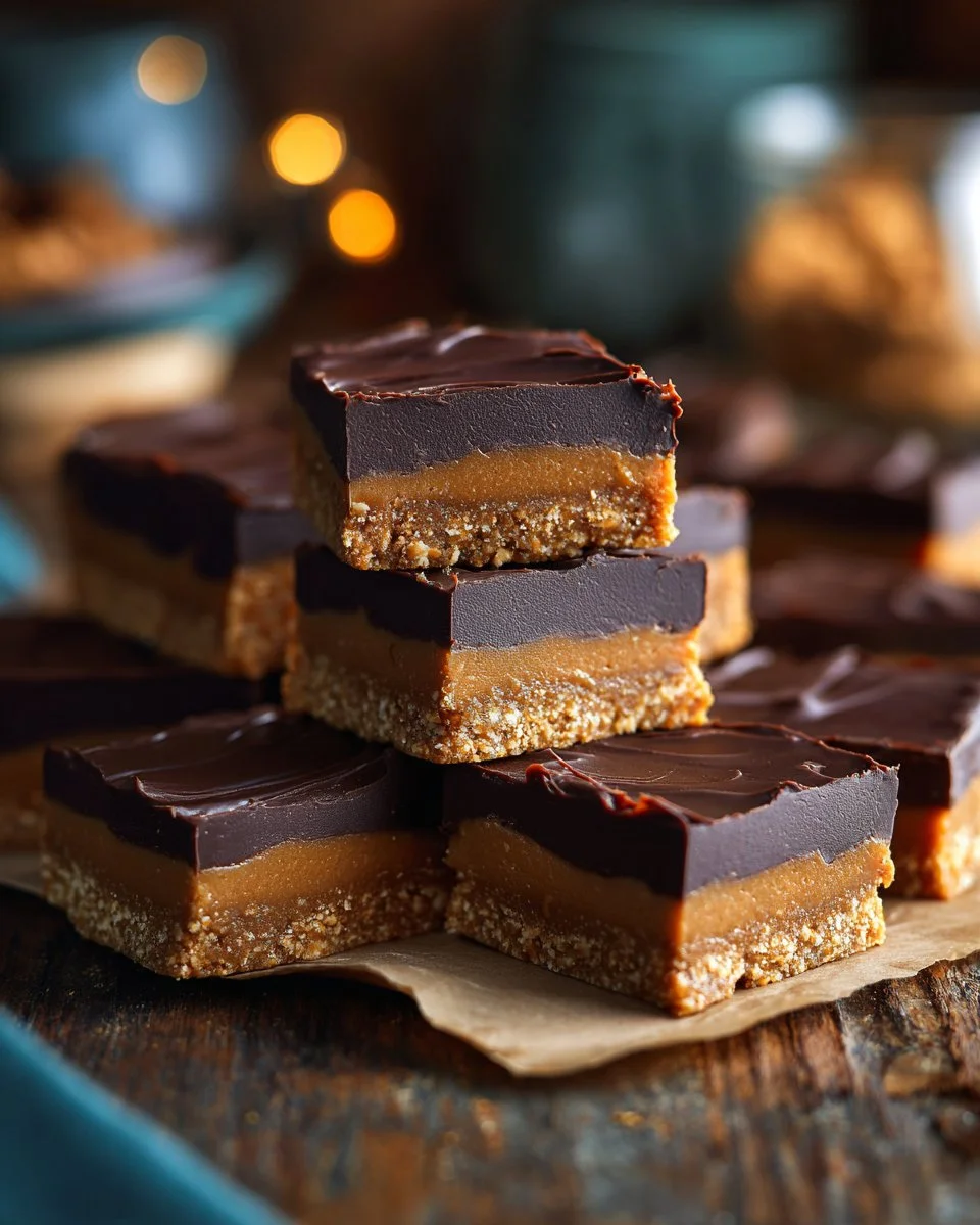 Homemade Buckeye Bars topped with chocolate and peanut butter layers