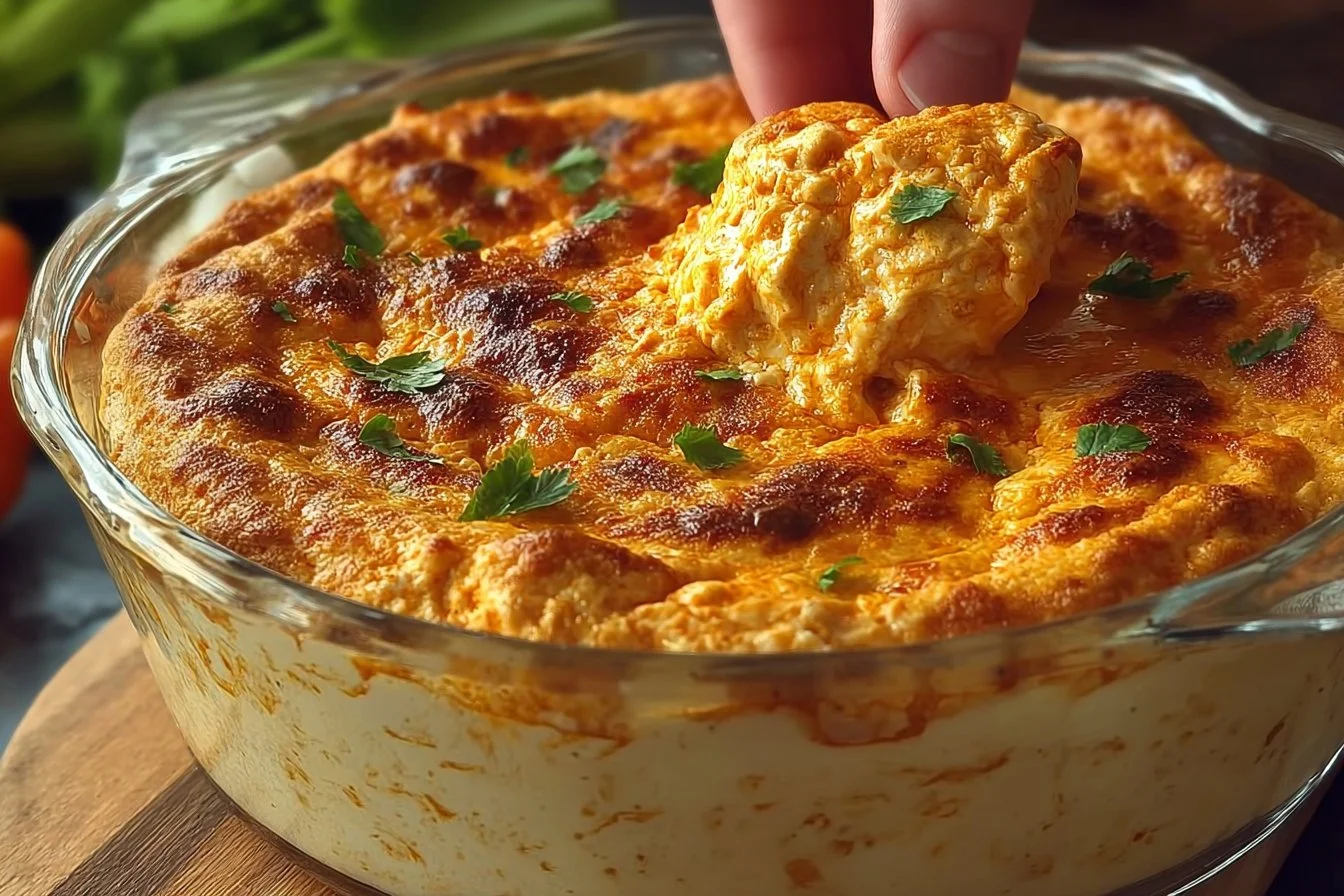 Creamy Buffalo Chicken Dip served in a bowl with tortilla chips