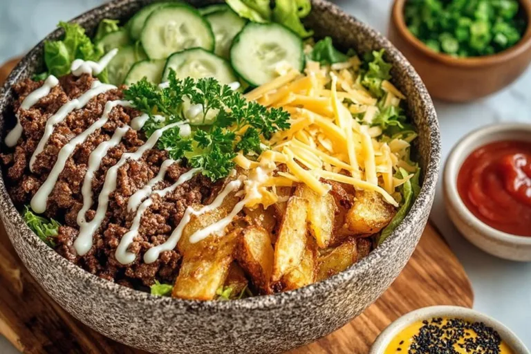 Bowl of fresh ingredients topped with seasoned beef in a burger bowl