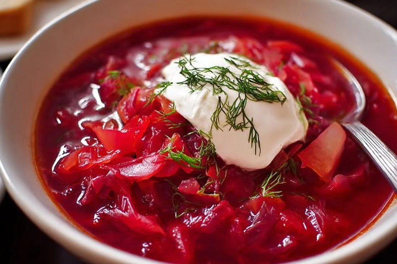 Bowl of Cabbage Borscht garnished with fresh herbs.