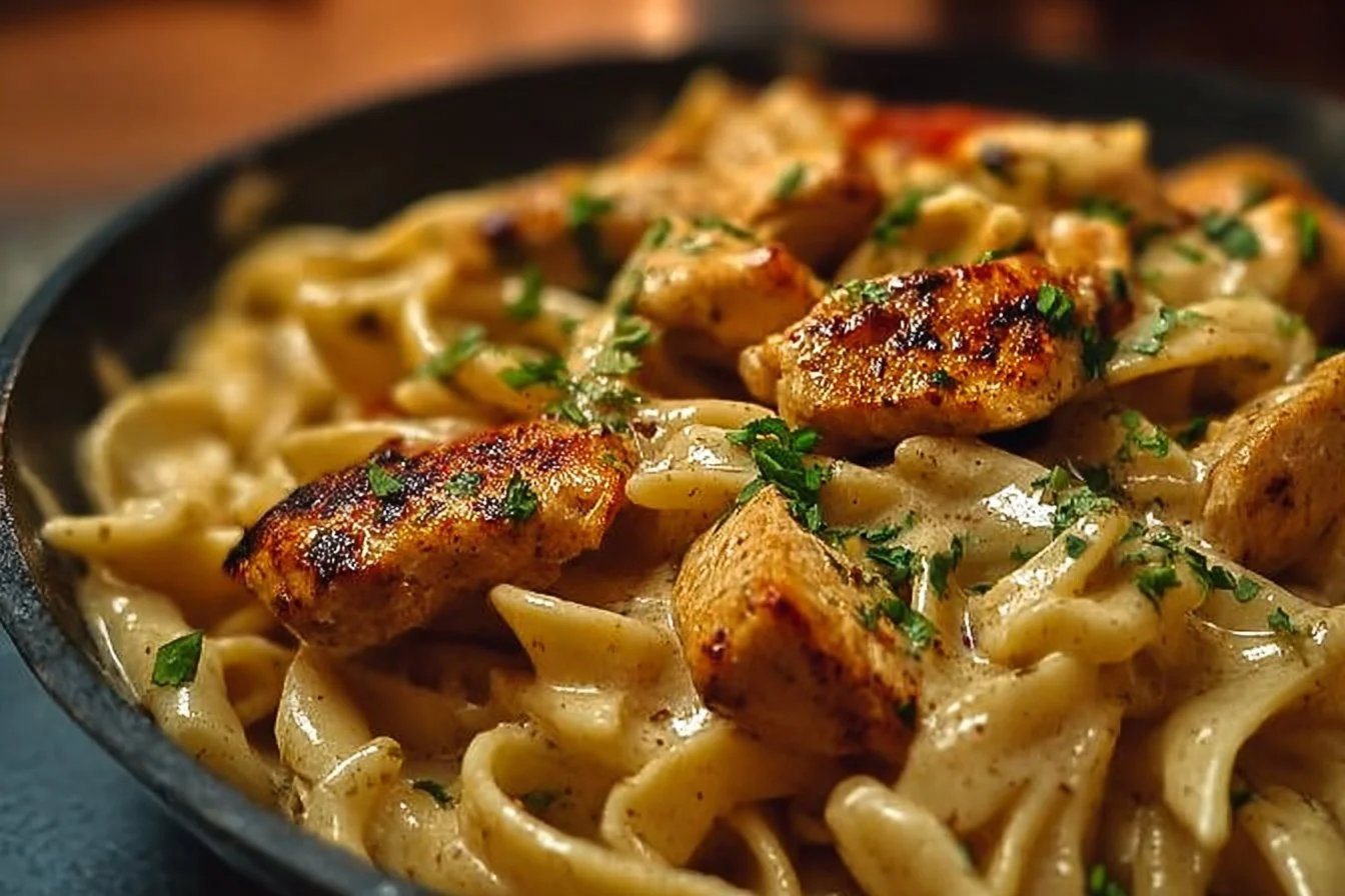 Delicious Cajun chicken pasta garnished with herbs and spices